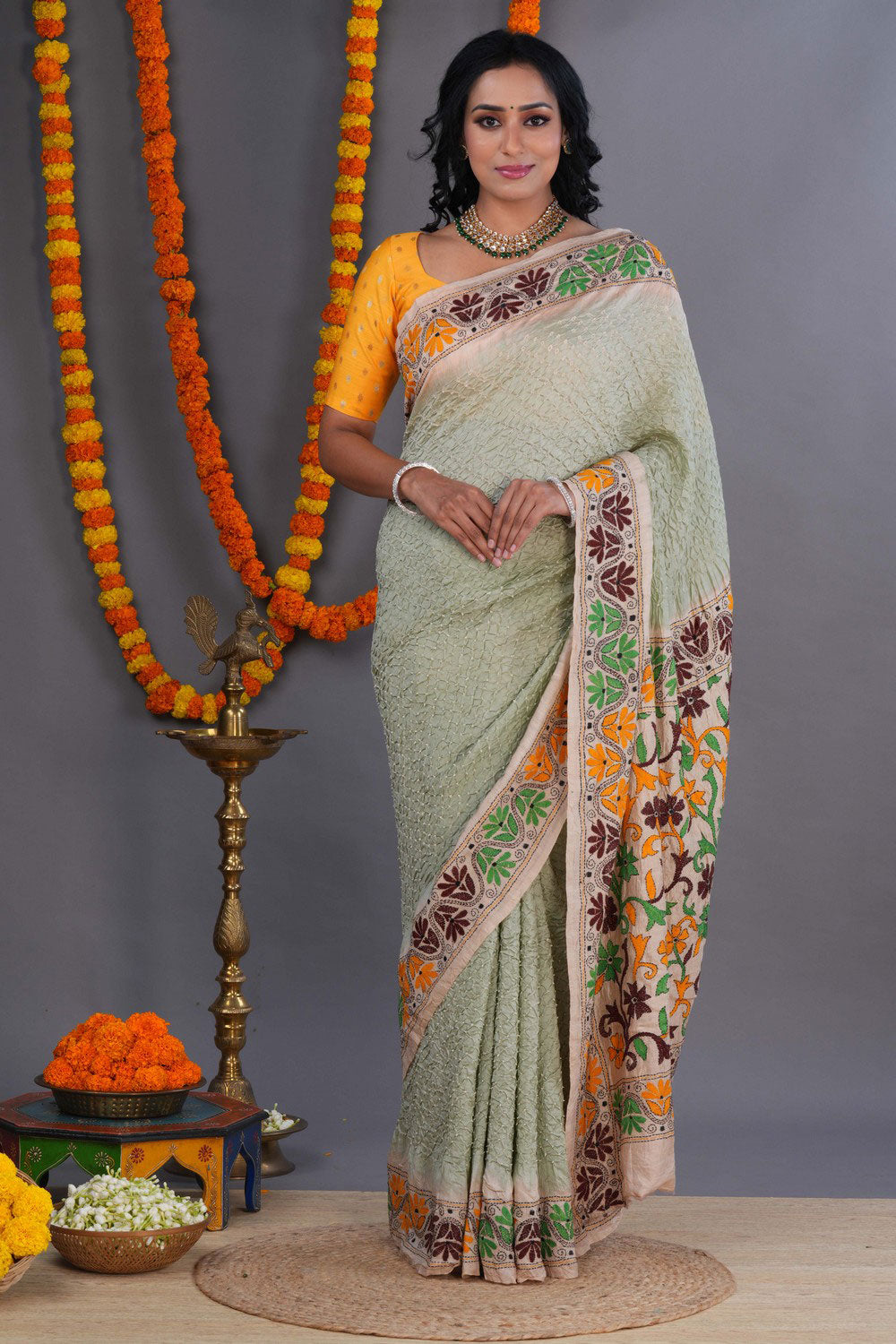 Bandhani Saree With Kantha Embroidered Border