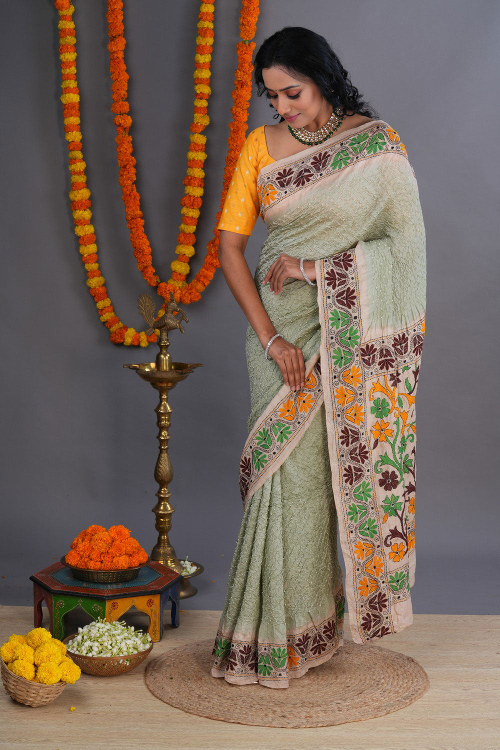 Image of Bandhani Saree With Kantha Embroidered Border