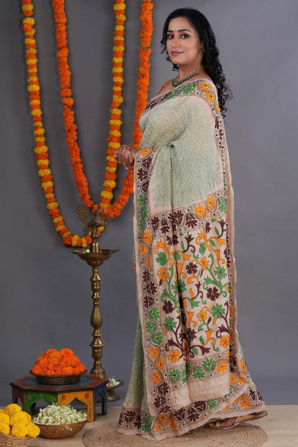 Image of Bandhani Saree With Kantha Embroidered Border