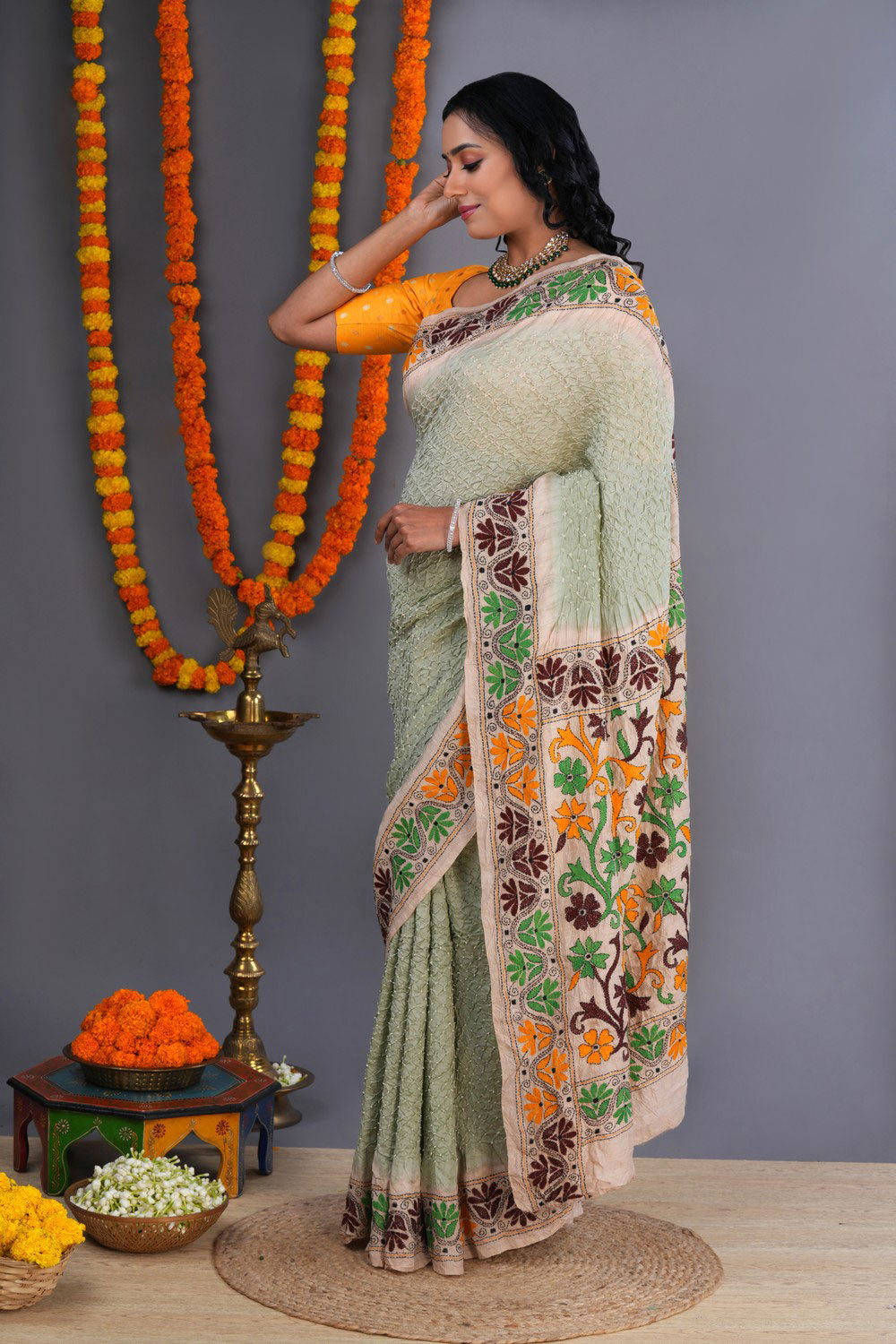 Image of Bandhani Saree With Kantha Embroidered Border