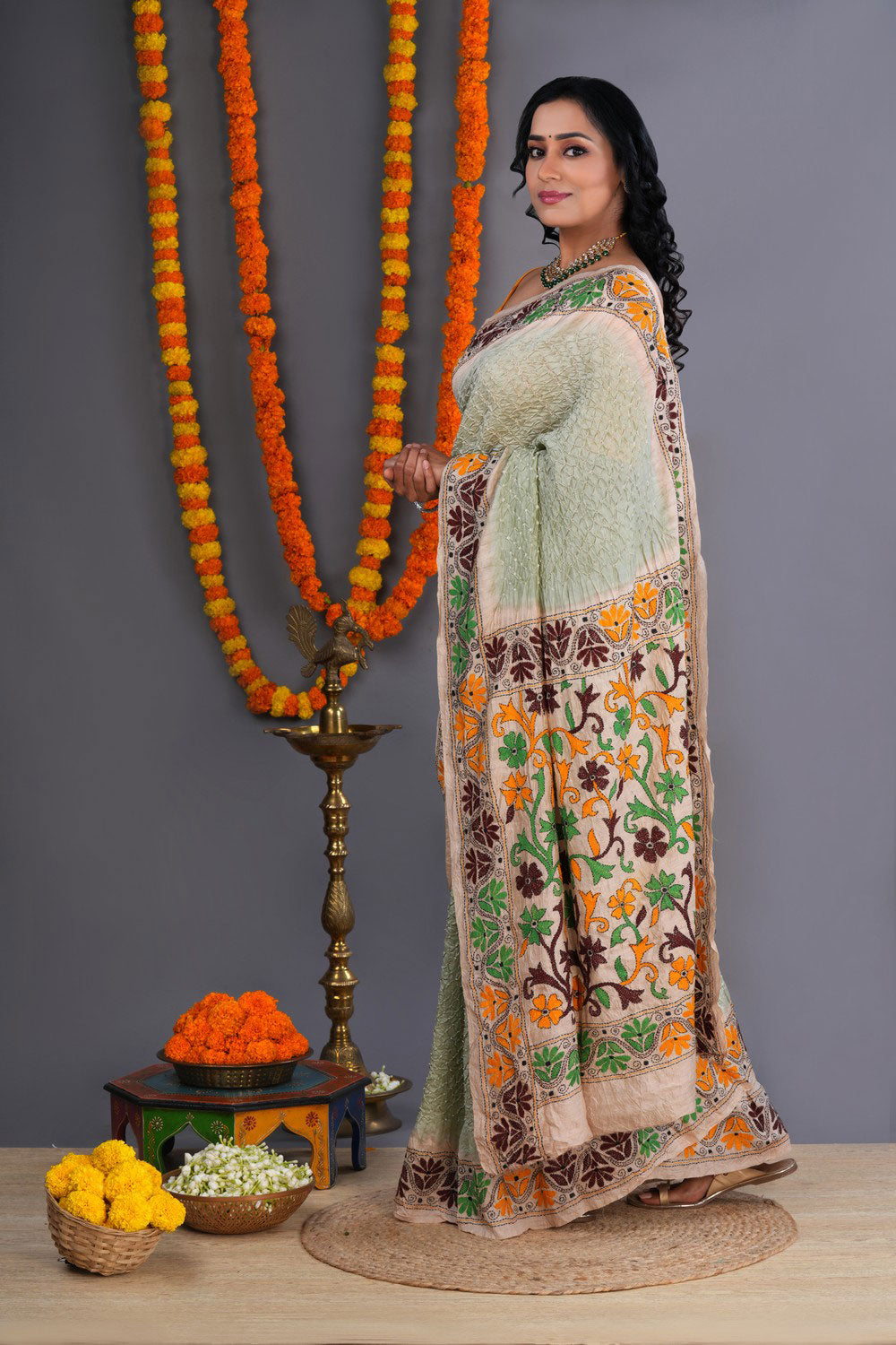 Image of Bandhani Saree With Kantha Embroidered Border