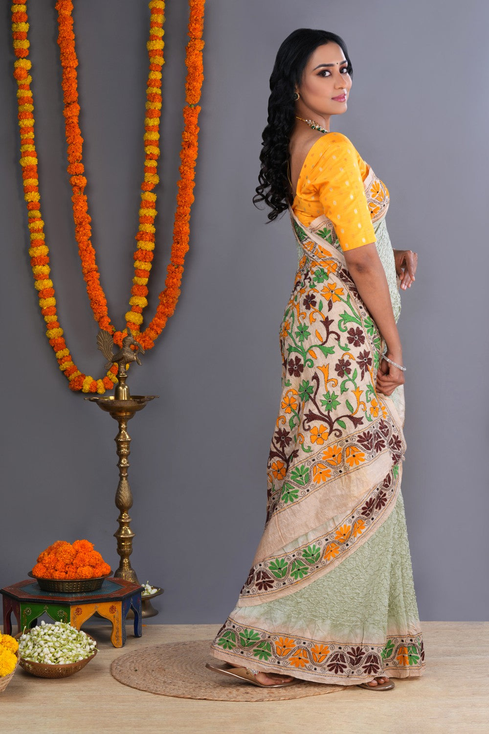 Image of Bandhani Saree With Kantha Embroidered Border