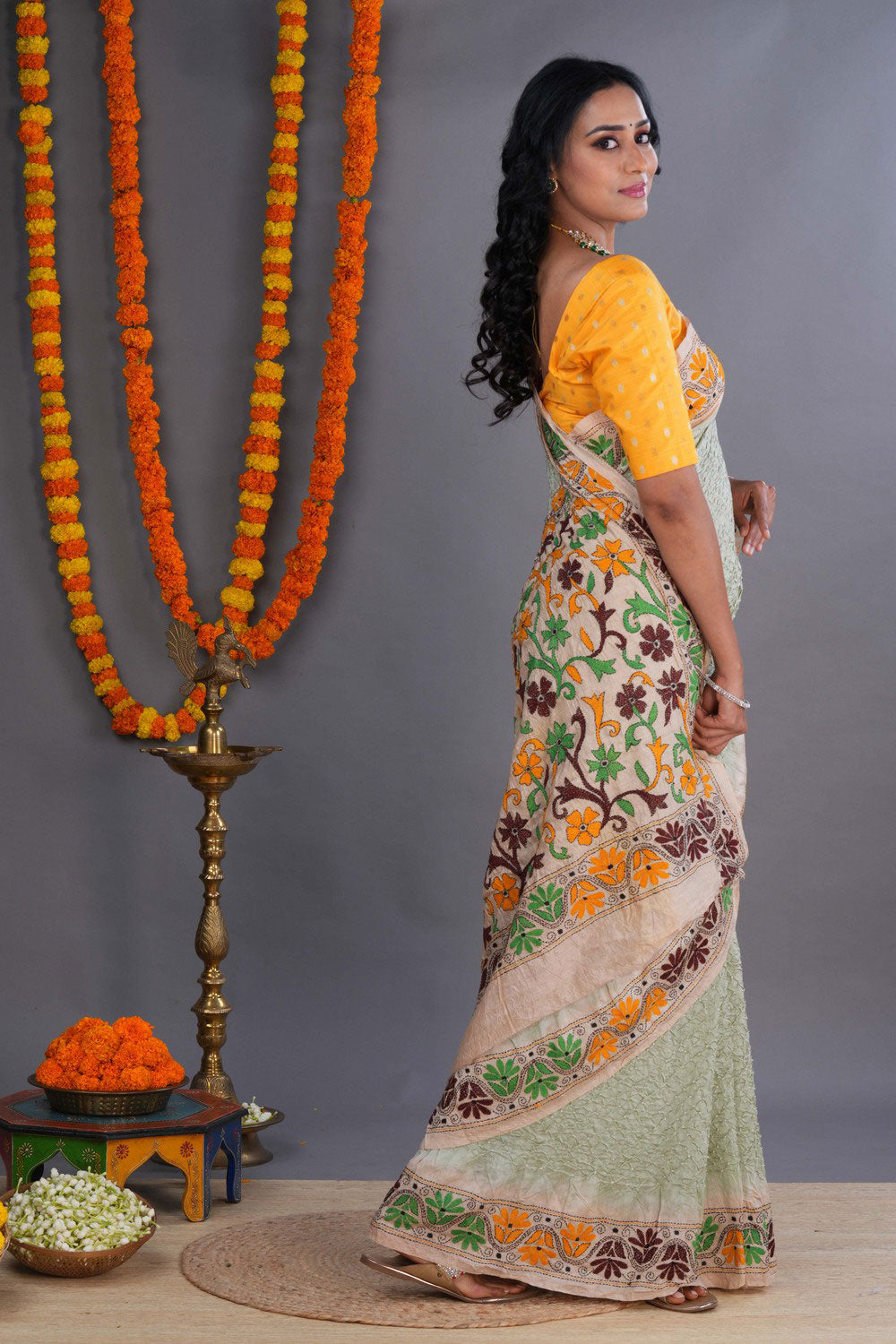 Image of Bandhani Saree With Kantha Embroidered Border