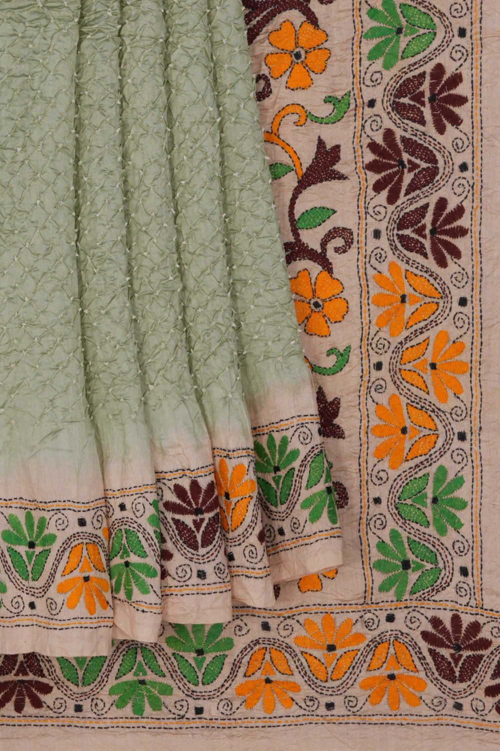 Image of Bandhani Saree With Kantha Embroidered Border
