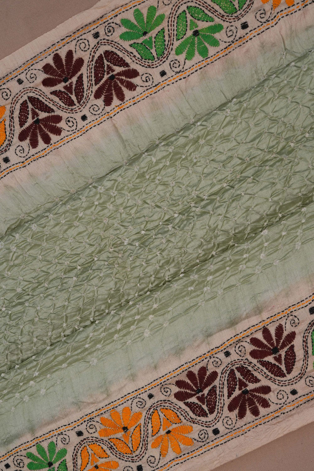 Image of Bandhani Saree With Kantha Embroidered Border