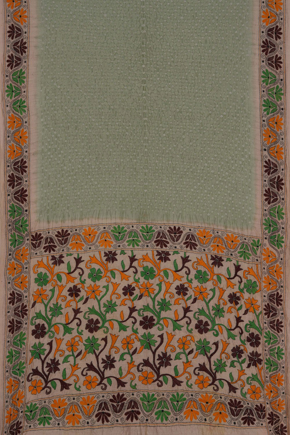 Image of Bandhani Saree With Kantha Embroidered Border