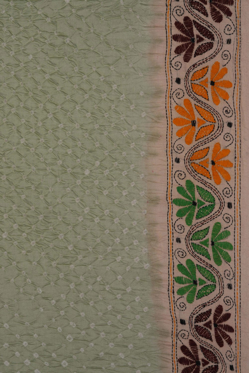 Bandhani Saree With Kantha Embroidered Border