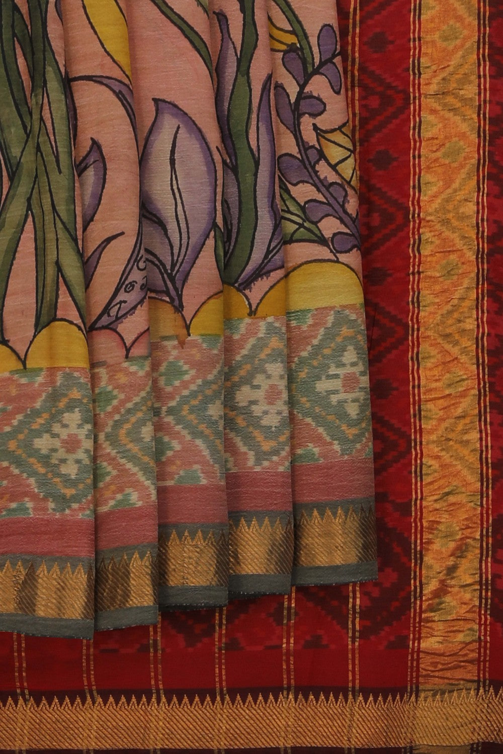 Image of A Coral-Pink Saree With Patola Border