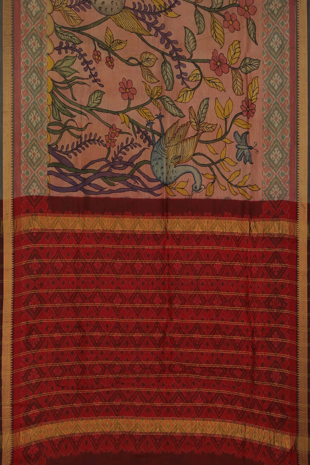 Image of A Coral-Pink Saree With Patola Border