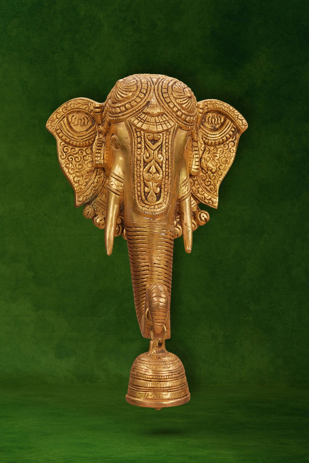 Image of Brass Elephant Face with Bell Wall Hanging