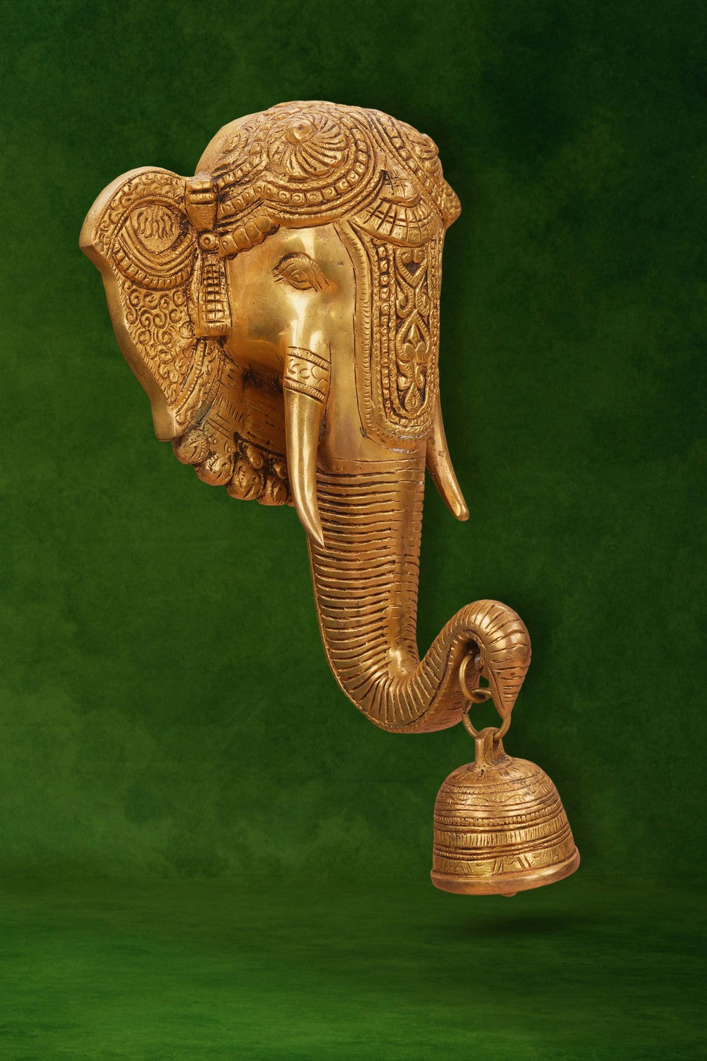 Image of Brass Elephant Face with Bell Wall Hanging