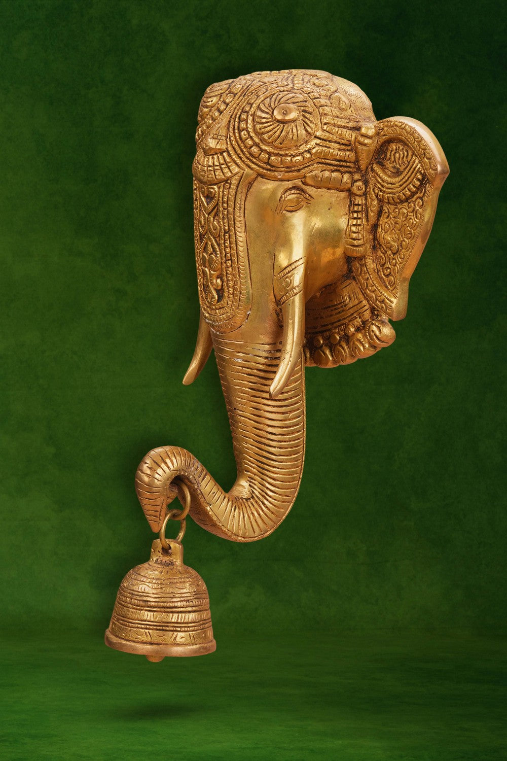 Image of Brass Elephant Face with Bell Wall Hanging