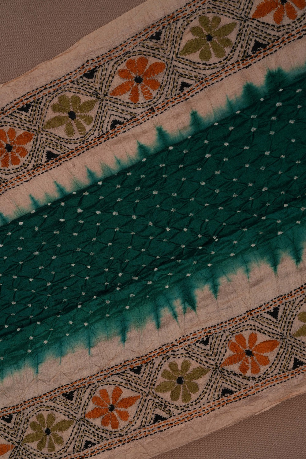 Bandhani Saree With Kantha Embroidered Border