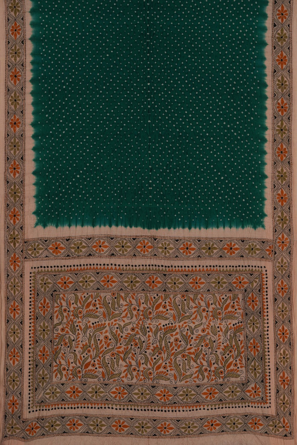 Bandhani Saree With Kantha Embroidered Border