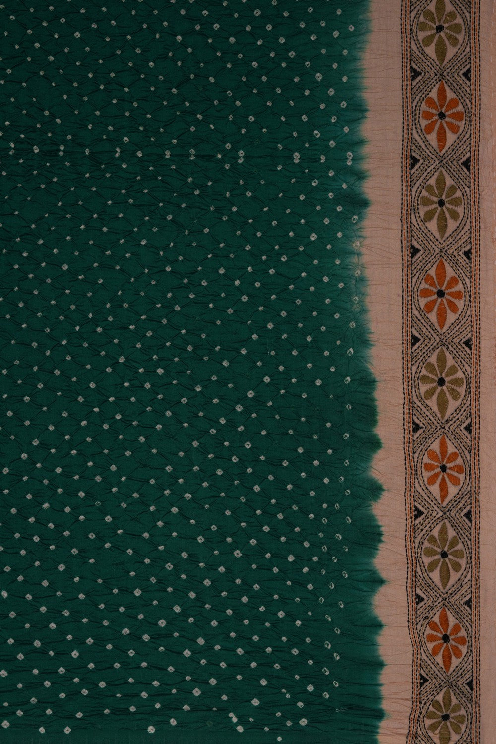 Image of Bandhani Saree With Kantha Embroidered Border