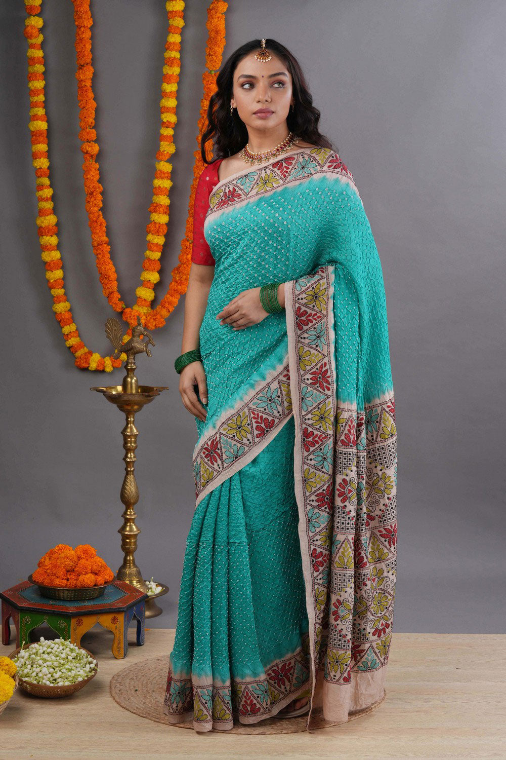 Bandhani Saree With Kantha Embroidered Border