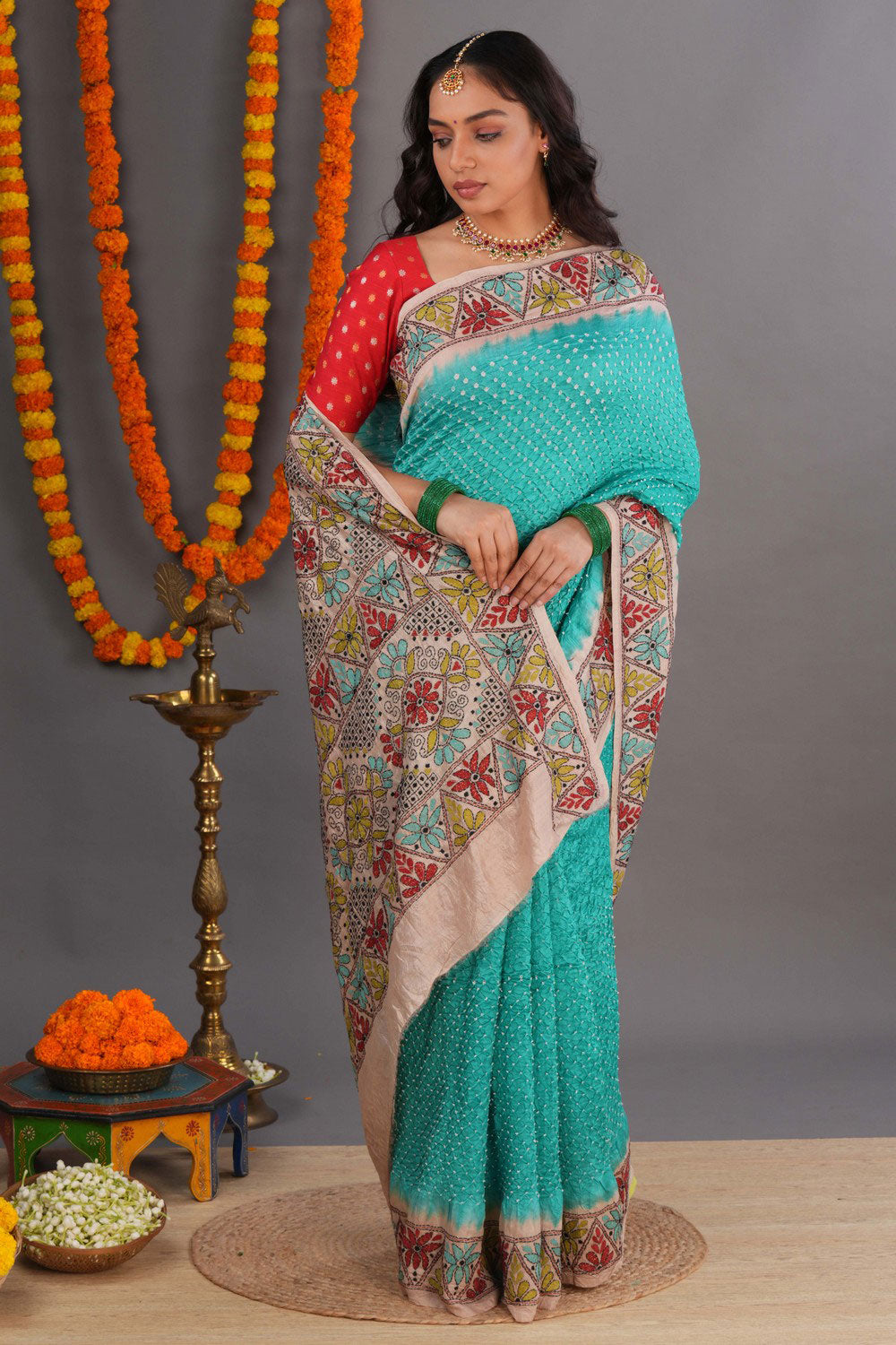 Bandhani Saree With Kantha Embroidered Border