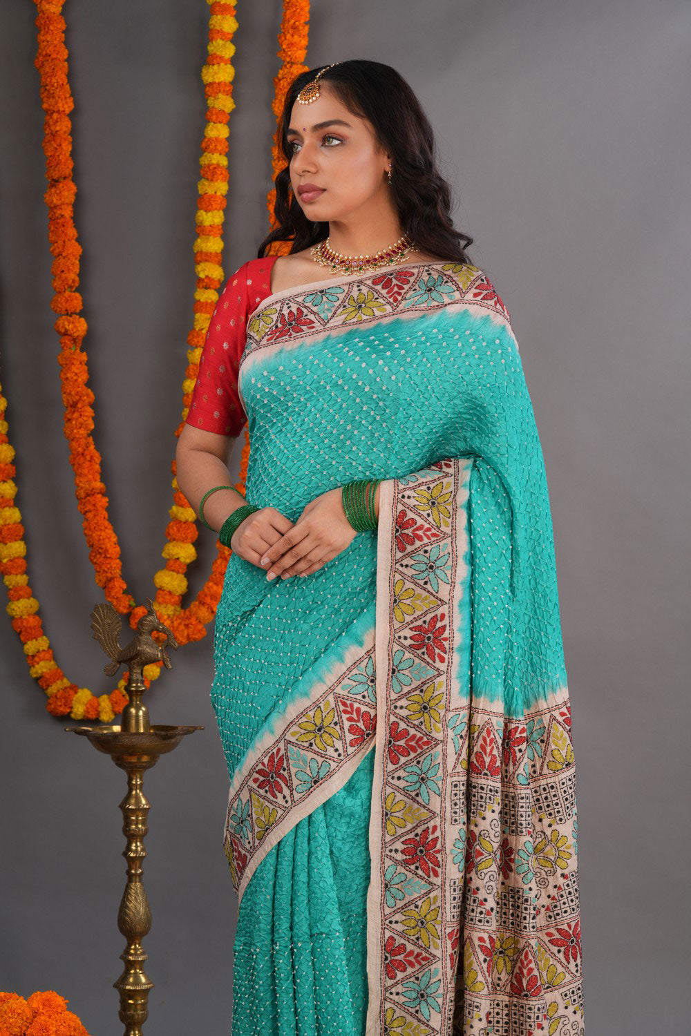 Image of Bandhani Saree With Kantha Embroidered Border