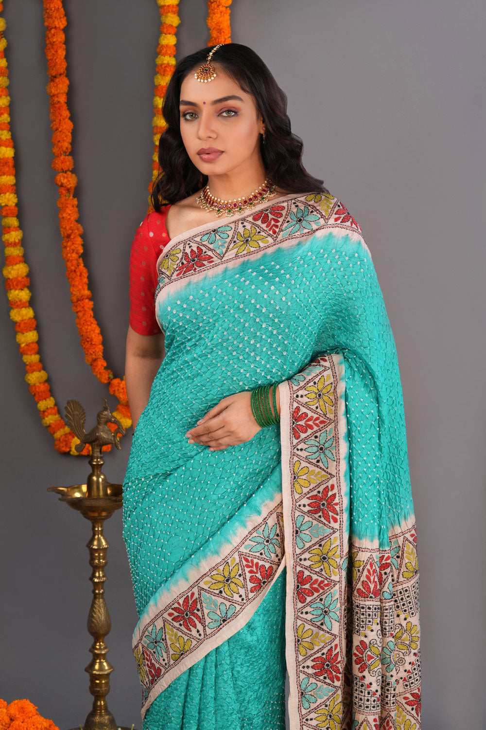 Image of Bandhani Saree With Kantha Embroidered Border