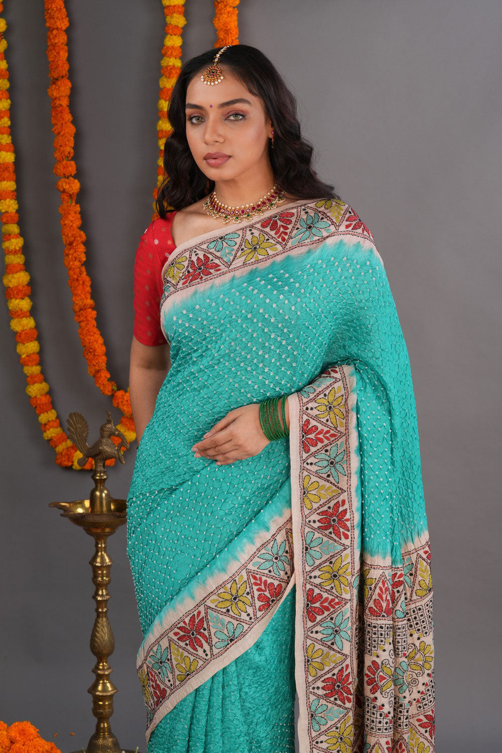 Bandhani Saree With Kantha Embroidered Border