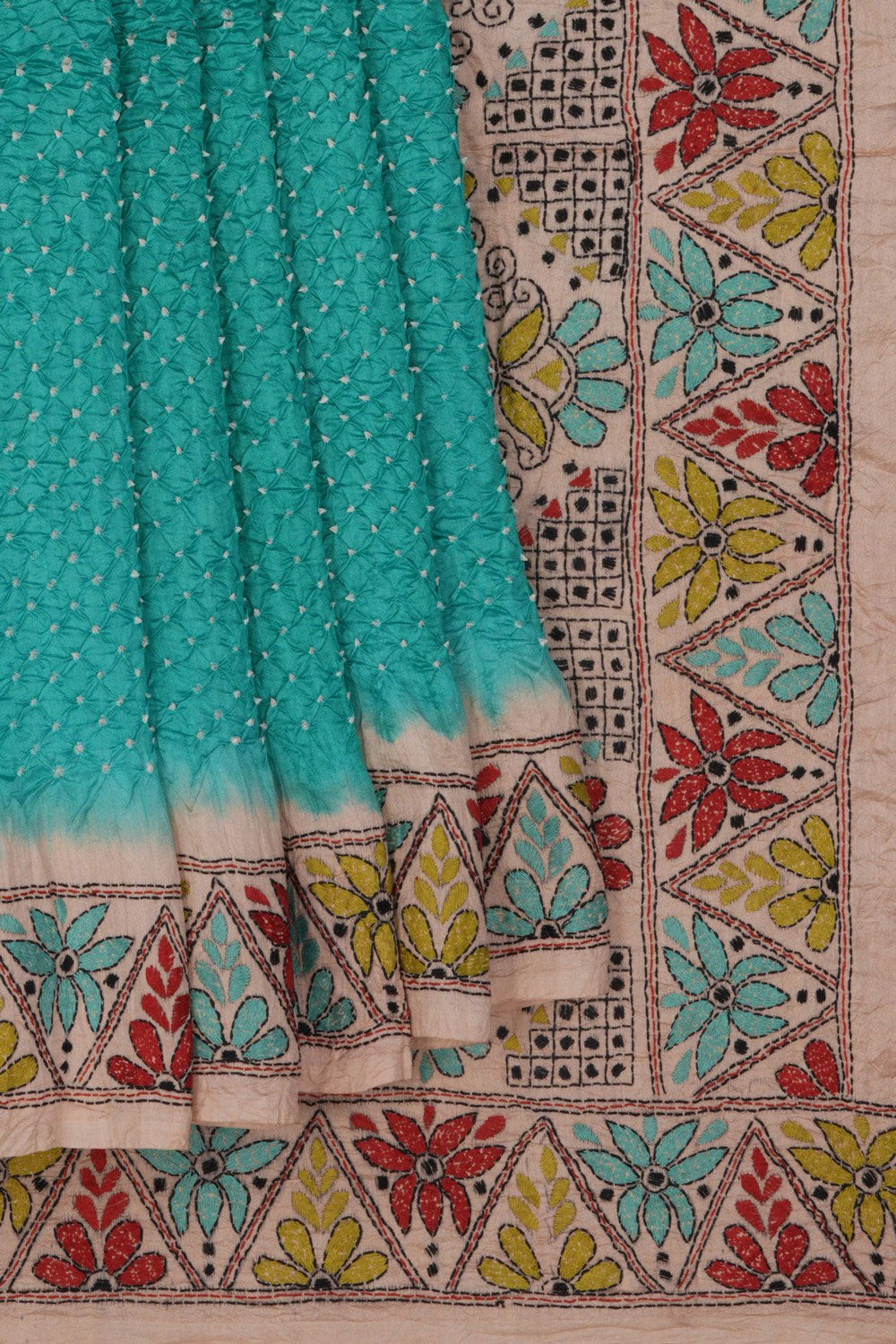 Bandhani Saree With Kantha Embroidered Border