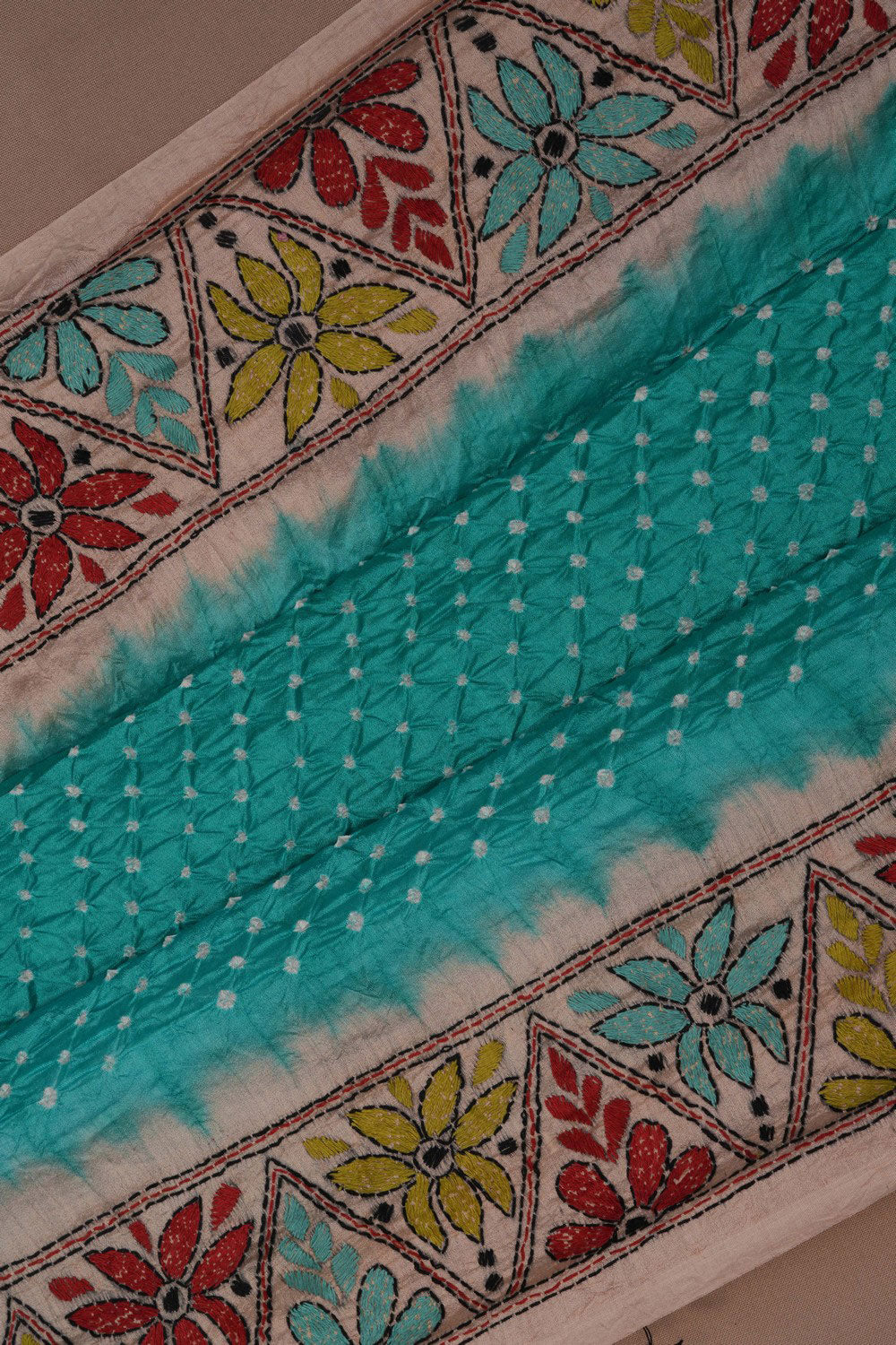 Bandhani Saree With Kantha Embroidered Border