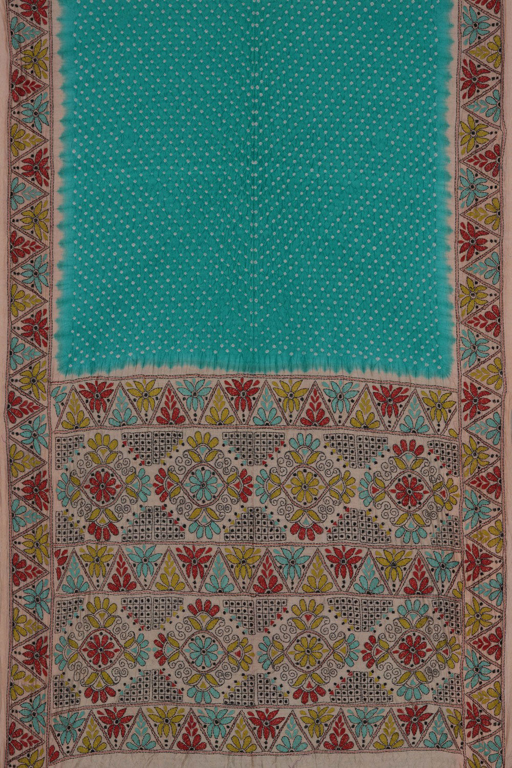Image of Bandhani Saree With Kantha Embroidered Border