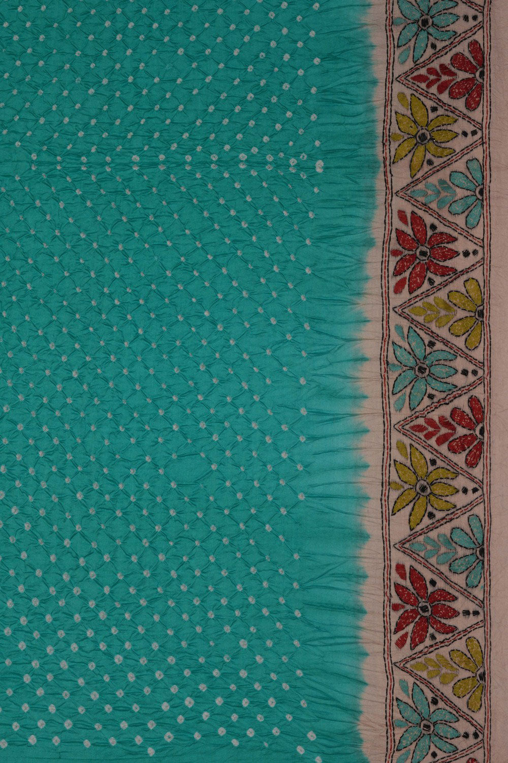 Image of Bandhani Saree With Kantha Embroidered Border