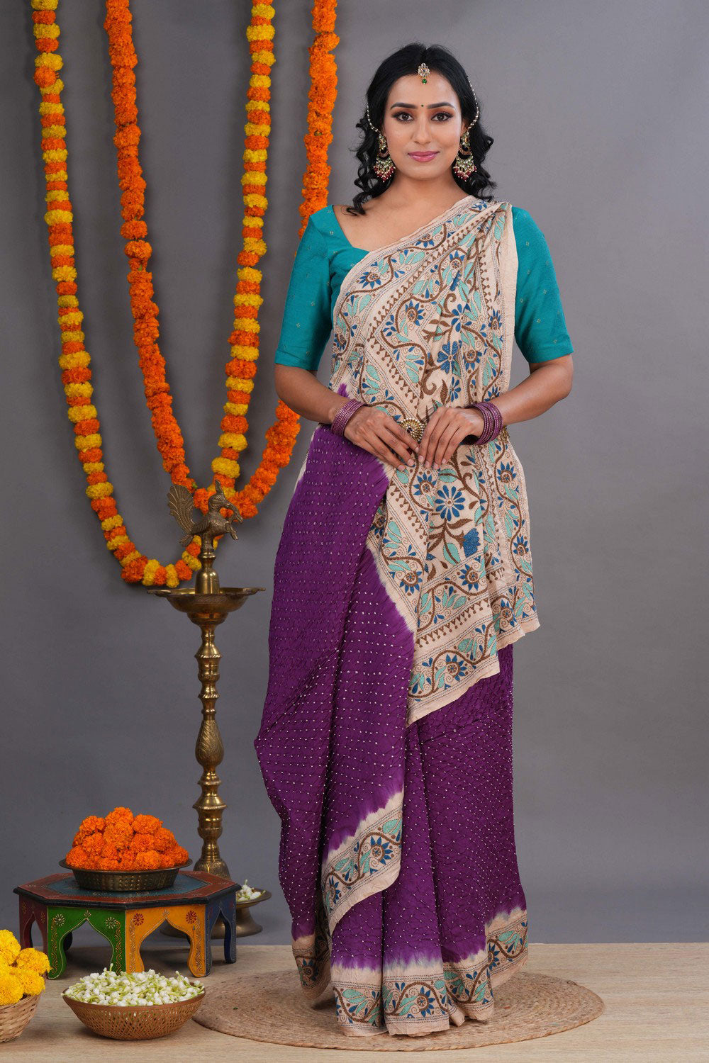 Bandhani Saree With Kantha Embroidered Border
