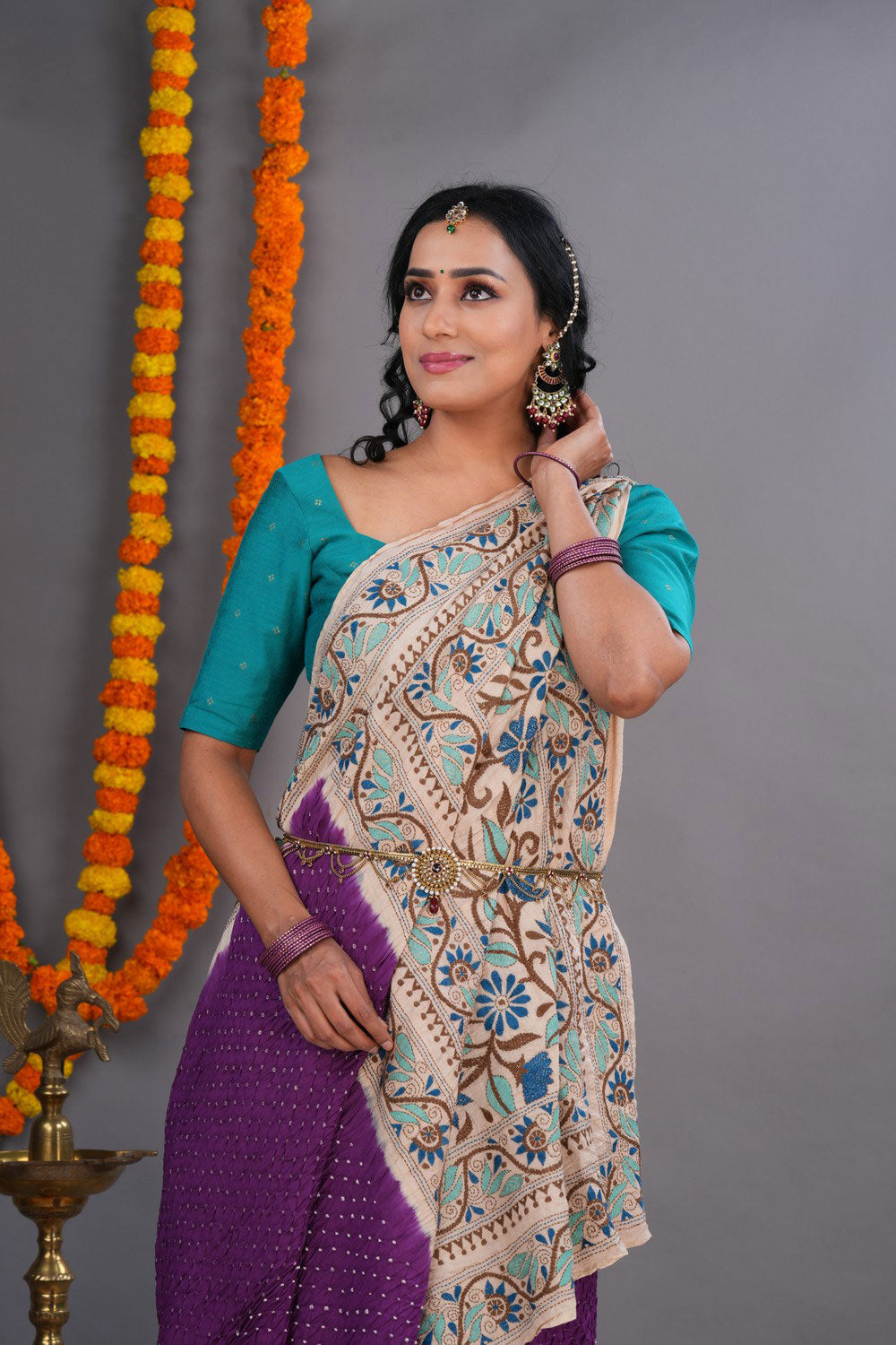 Image of Bandhani Saree With Kantha Embroidered Border
