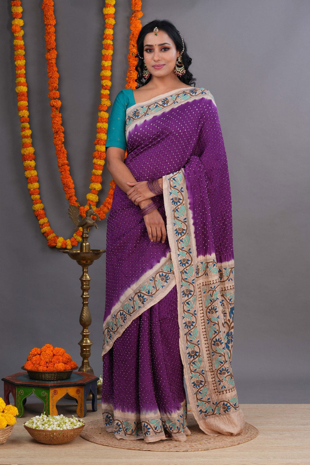 Image of Bandhani Saree With Kantha Embroidered Border