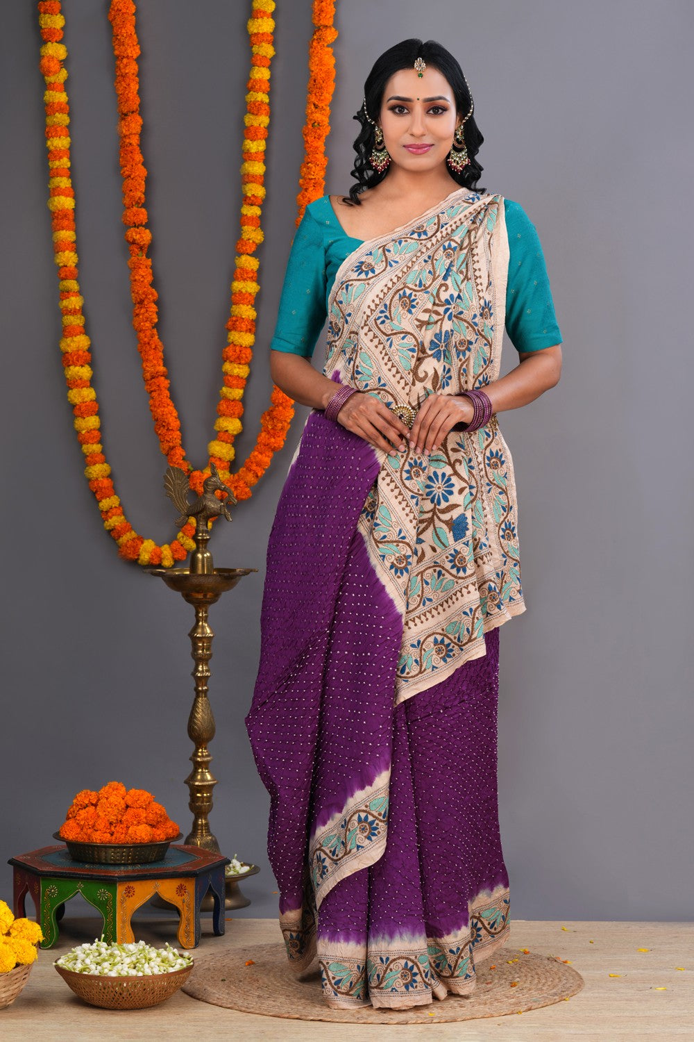 Image of Bandhani Saree With Kantha Embroidered Border