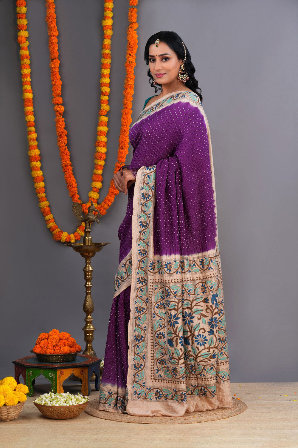 Image of Bandhani Saree With Kantha Embroidered Border