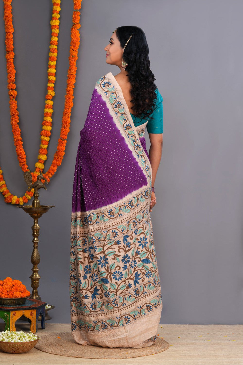 Image of Bandhani Saree With Kantha Embroidered Border