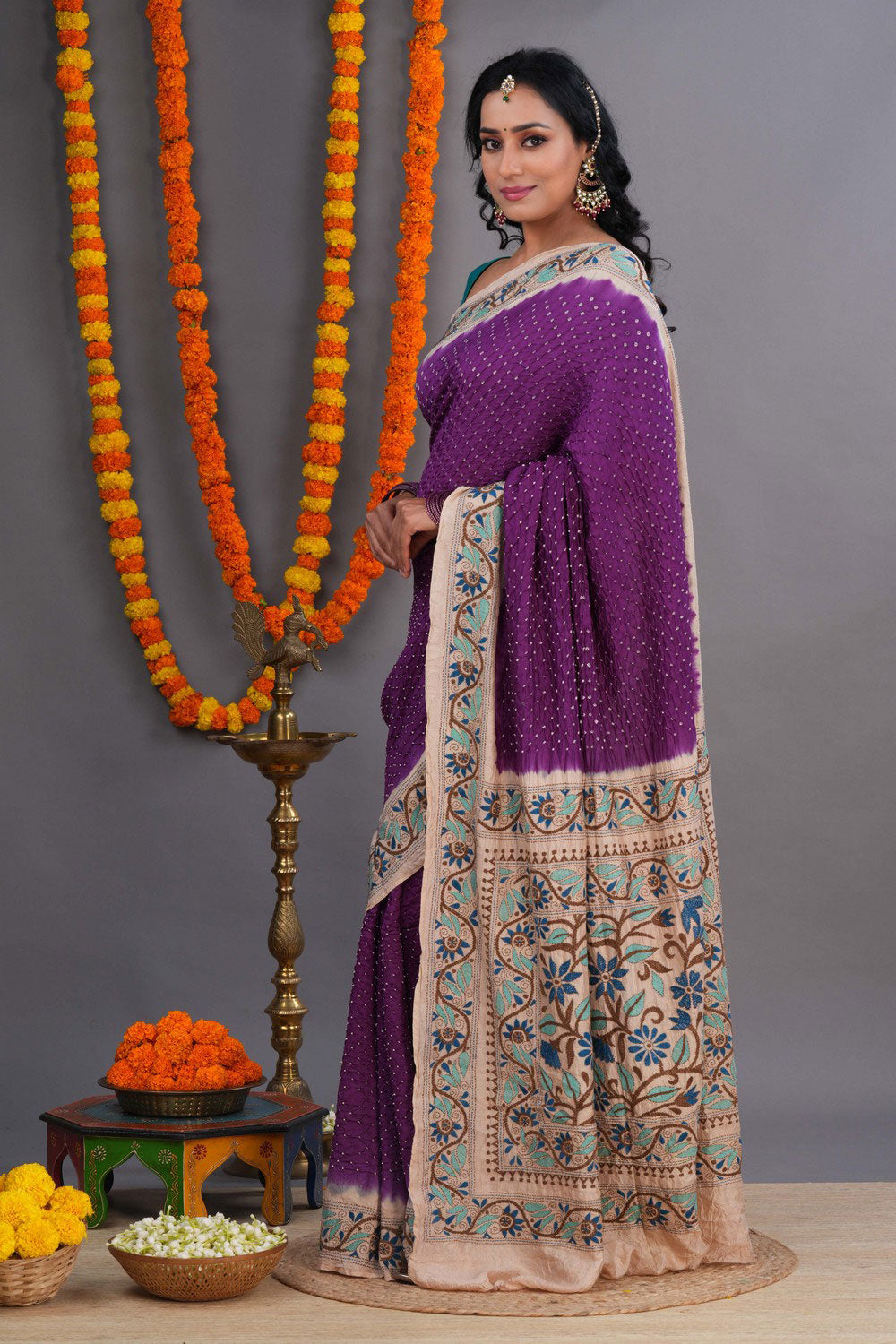 Bandhani Saree With Kantha Embroidered Border