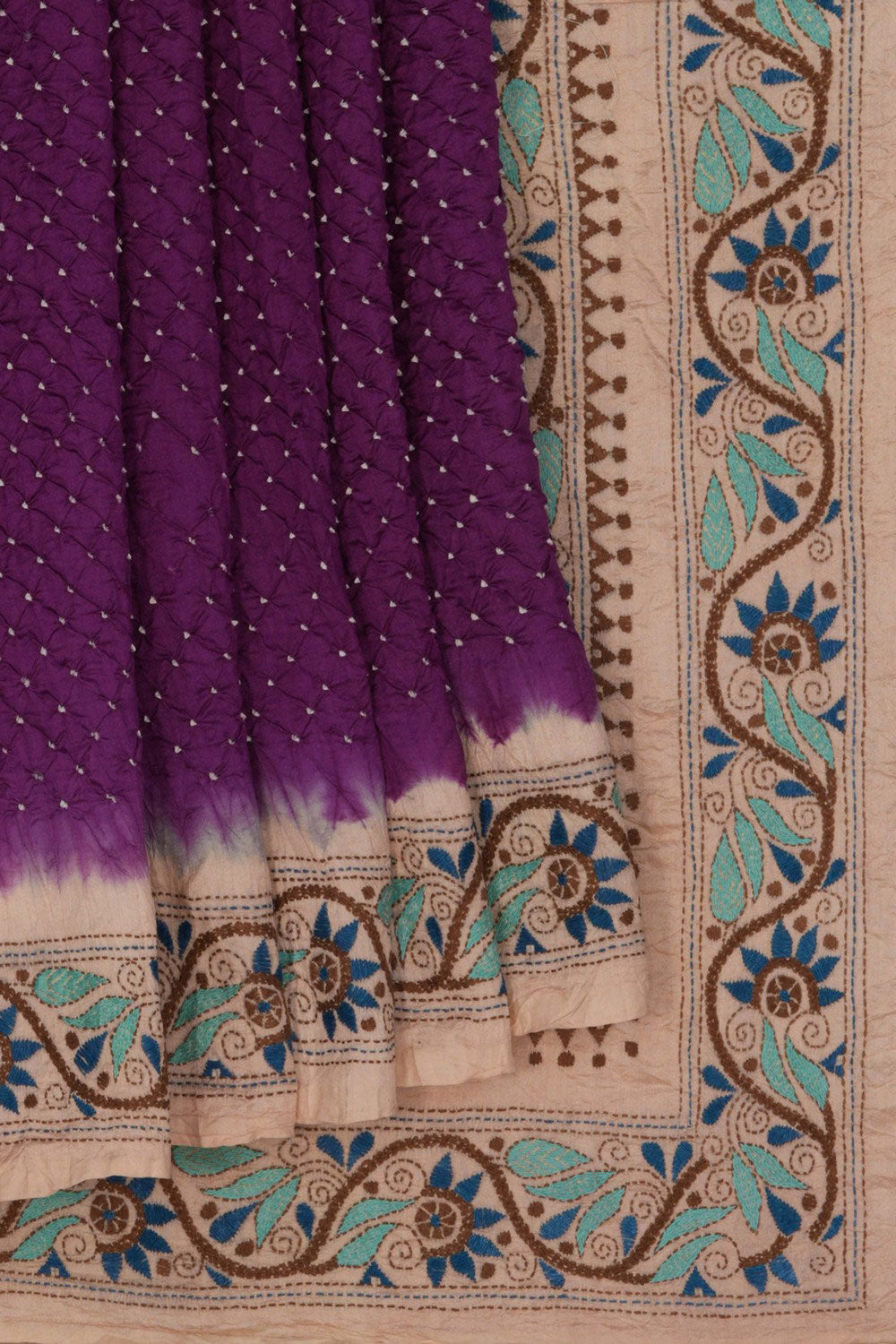 Bandhani Saree With Kantha Embroidered Border