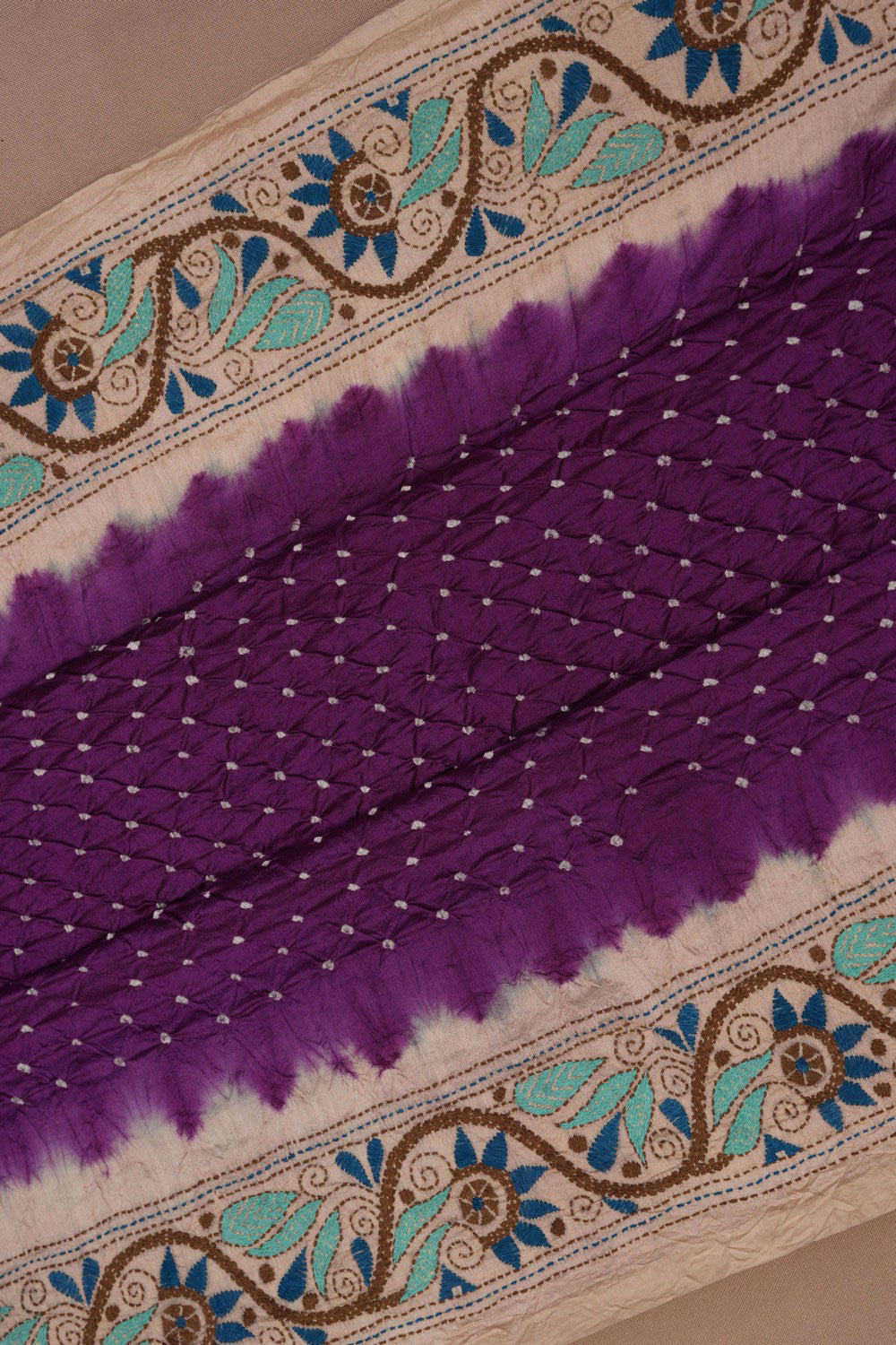 Bandhani Saree With Kantha Embroidered Border