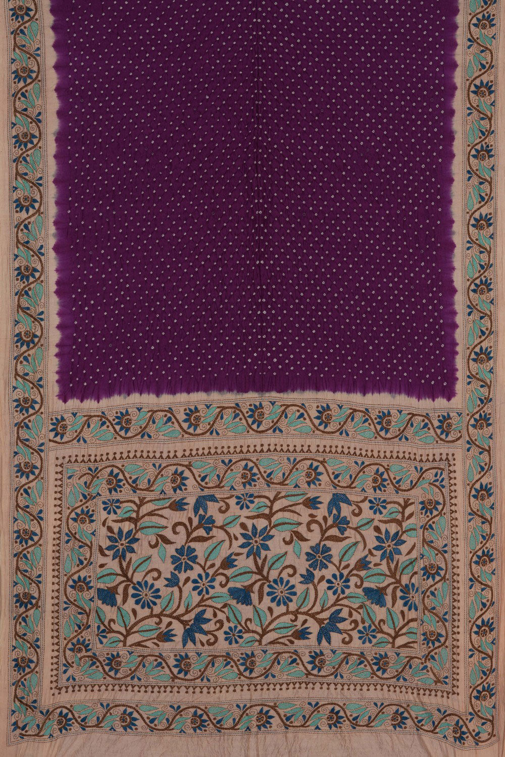 Bandhani Saree With Kantha Embroidered Border