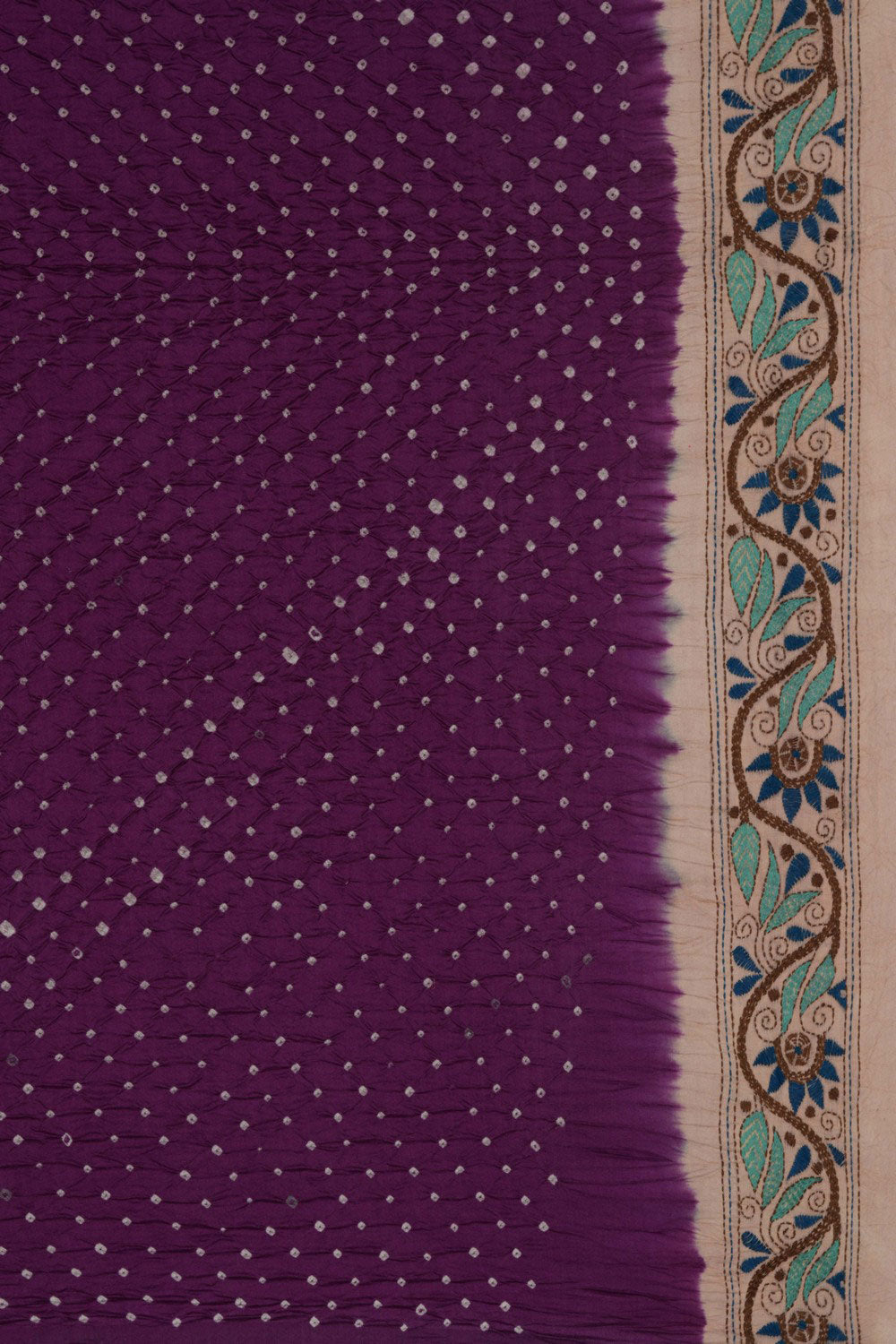 Bandhani Saree With Kantha Embroidered Border