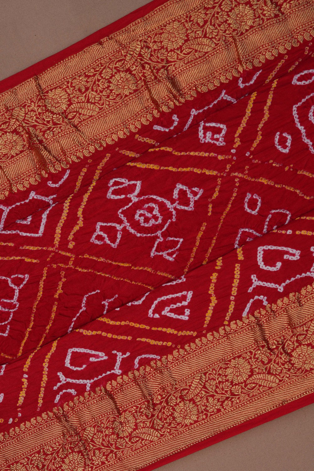 Bandhani Red Saree With Zari Border