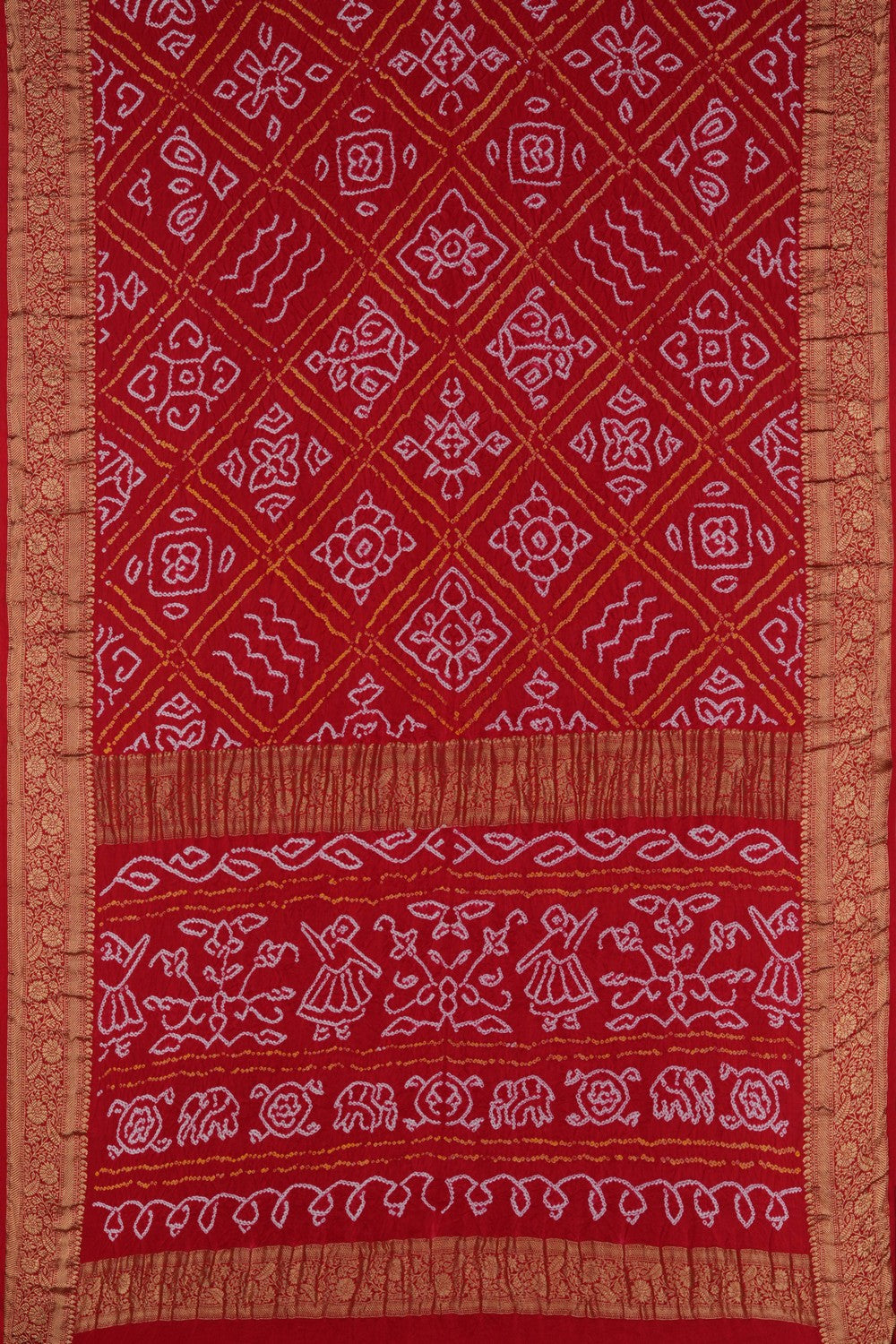 Image of Bandhani Red Saree With Zari Border