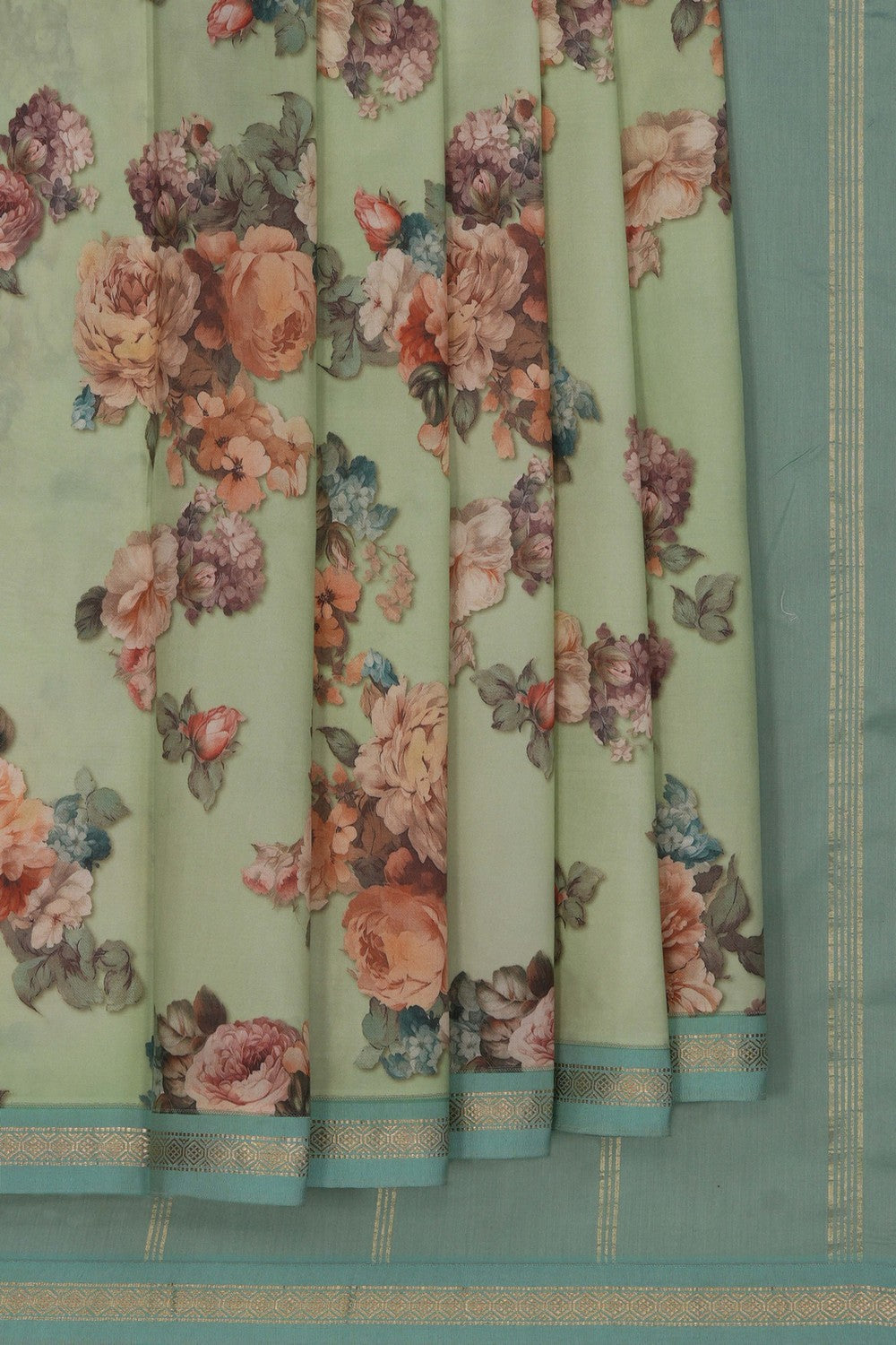 South Silk Floral Printed Aqua-Green Saree