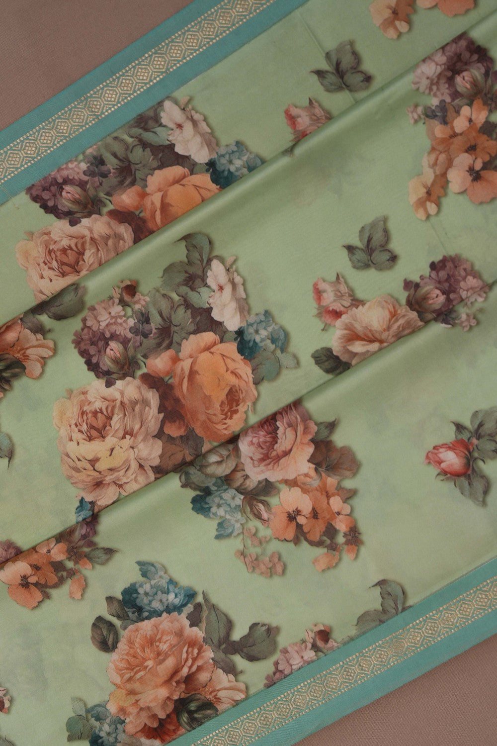 South Silk Floral Printed Aqua-Green Saree