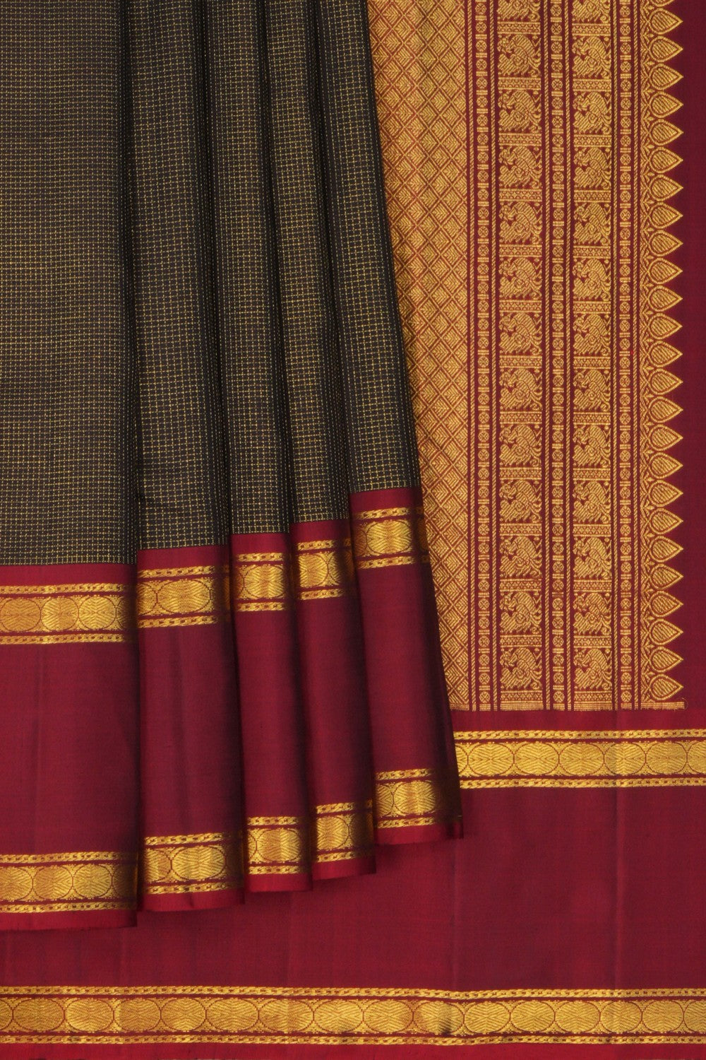 Image of Gadwal Silk Kattam Bottle Green Saree