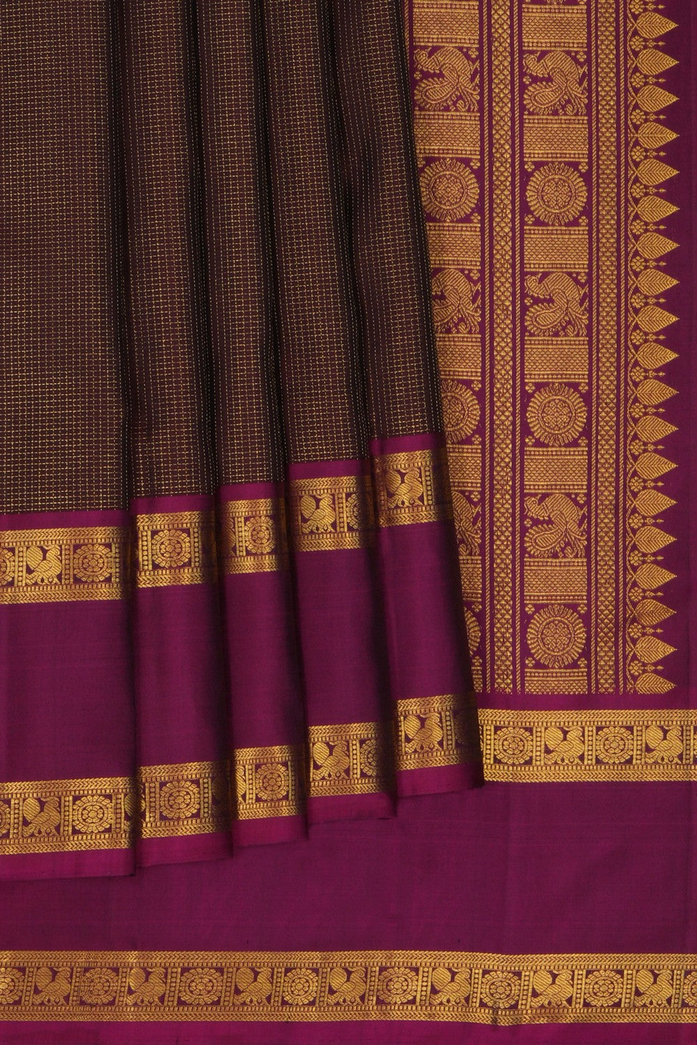 Gadwal Silk Kattam Brown Saree