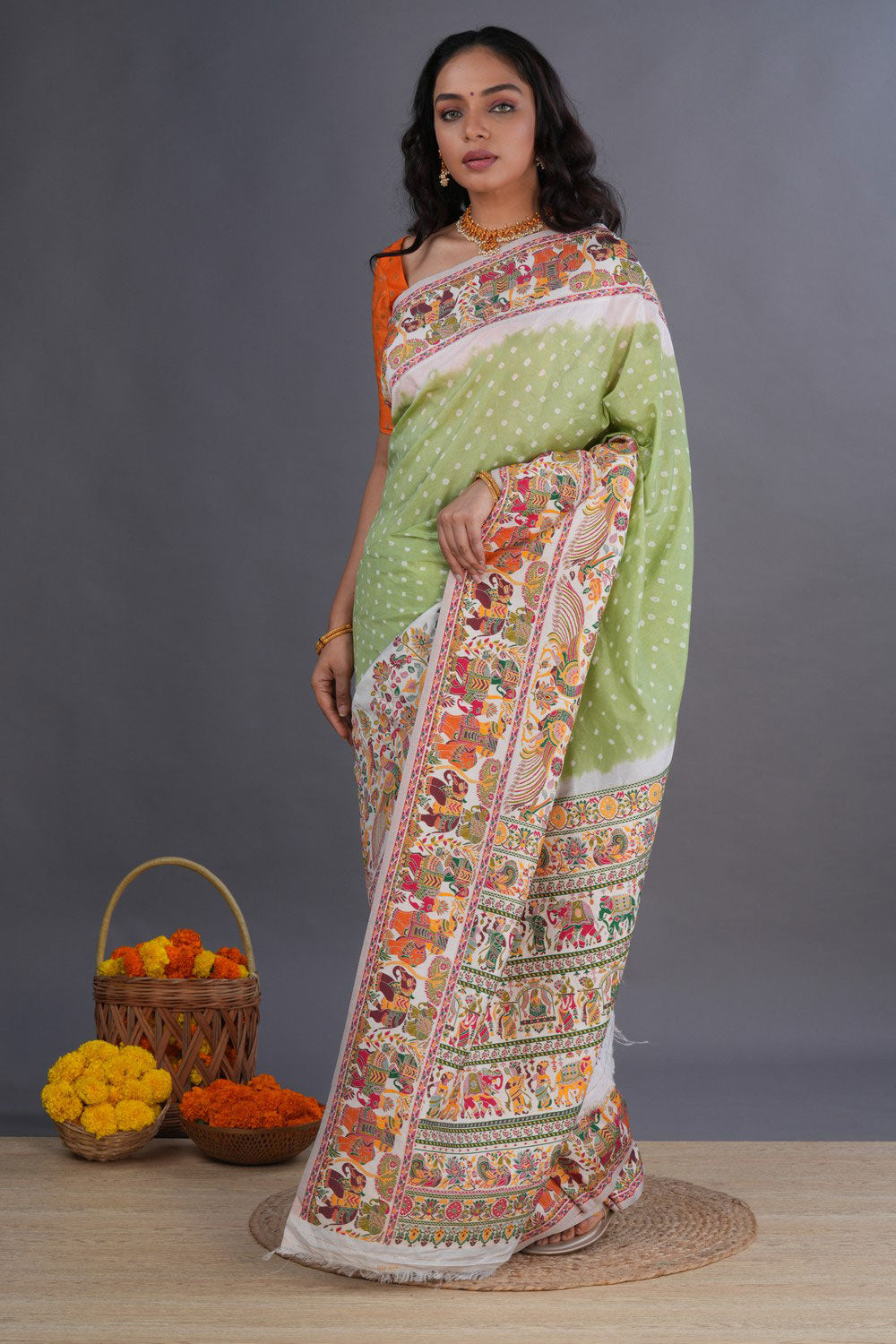 Image of Bandhani Saree With Contemporary Pallu