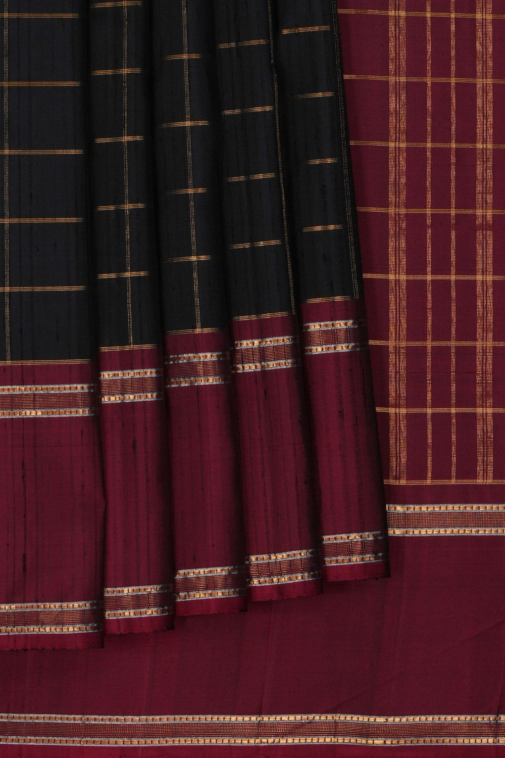 Image of Arani Dupion Silk Kattam Black Saree