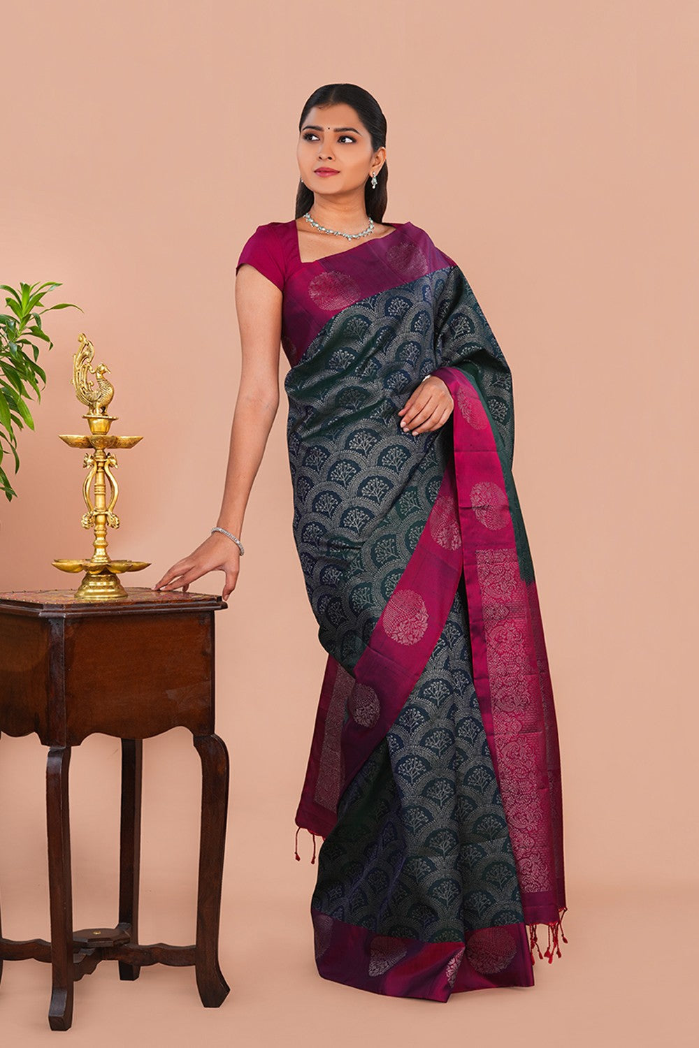 Image of South Silk Bottle Green Saree