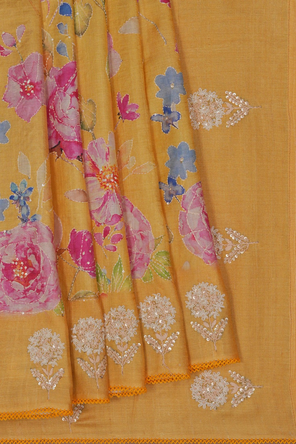 Image of A Tussar Embroidery Yellow Saree