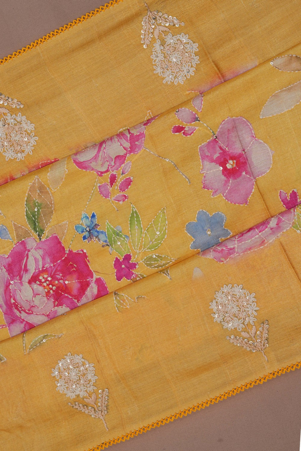Image of A Tussar Embroidery Yellow Saree